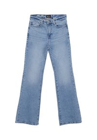 Jeans a zampa d'elefante di colore azzurro chiaro in tessuto denim, con vita alta, tasche laterali e una leggera texture sbiadita. Orli puliti e senza abbellimenti visibili.