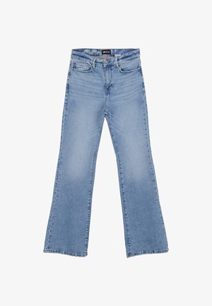 Jasnoniebieskie dżinsy w stylu dzwonów z denimu, z wysokim stanem, przednimi kieszeniami i subtelnym, wyblakłym wykończeniem. Czyste wykończenia i brak widocznych ozdób.