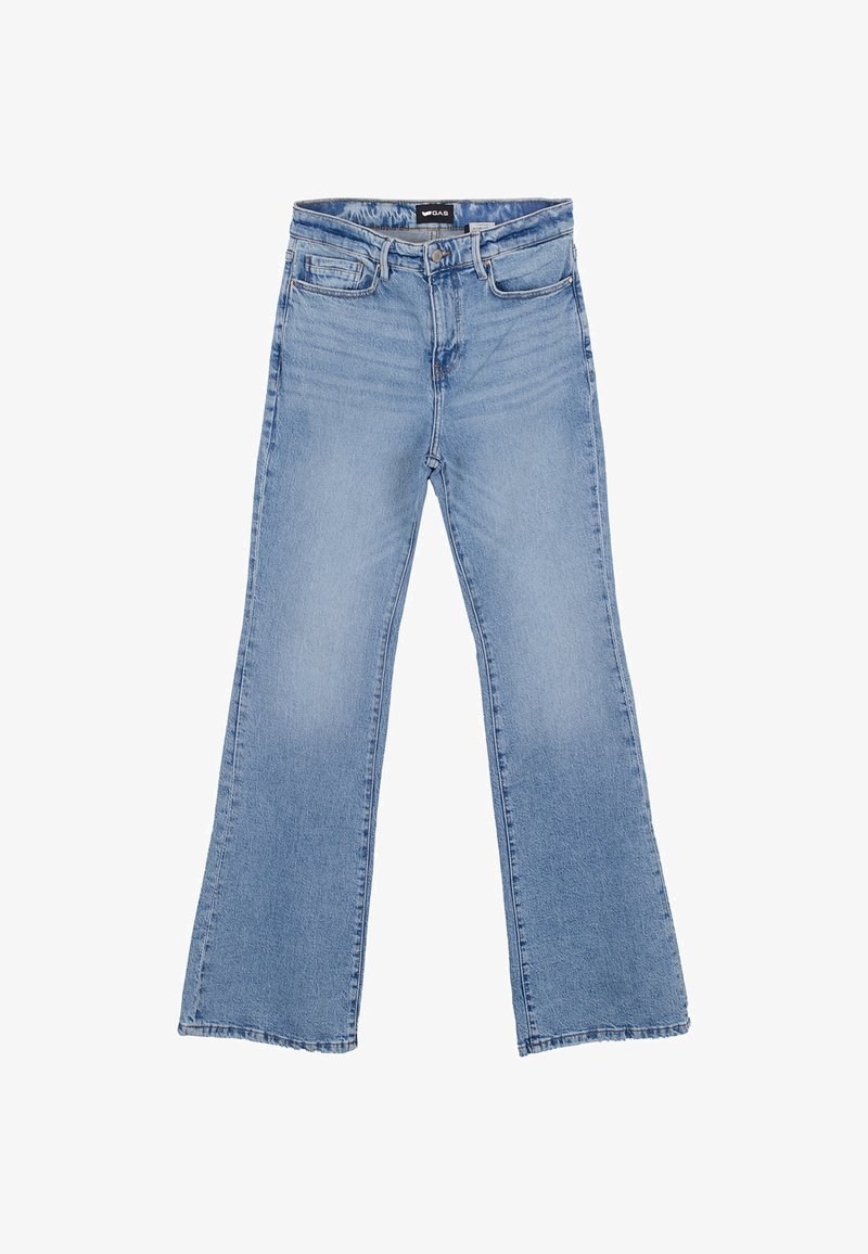 Jeans a zampa d'elefante di colore azzurro chiaro in tessuto denim, con vita alta, tasche laterali e una leggera texture sbiadita. Orli puliti e senza abbellimenti visibili.