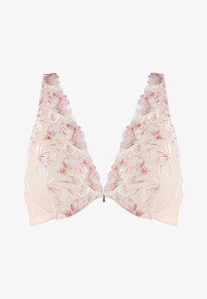 Beżowy biustonosz z koronką, ozdobiony różowym haftem kwiatowym oraz subtelnymi akcentami. Falbaniaste krawędzie i dekoracyjny metalowy detal na środkowej części przodu.