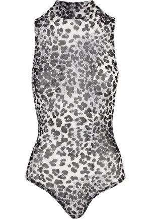 Svart och vit leopardtryckt bodysuit med hög krage, ärmlös design, mjuk textur och en figurnära silhuett.