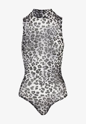 Zwart-witte luipaardprint onesie met een hoge hals, mouwloos ontwerp, gladde textuur en een aansluitende silhouet.