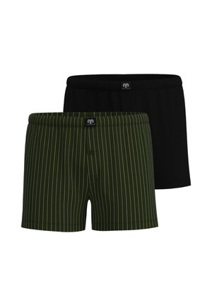 Two pairs of men's boxer shorts, one solid black and one dark green with white vertical stripes, both with elastic waistbands.