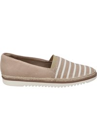 Beige Espadrille Slipper mit weißen horizontalen Streifen, Obermaterial aus strukturiertem Stoff und Jutestil-Details an der Sohle. Gummisohle.