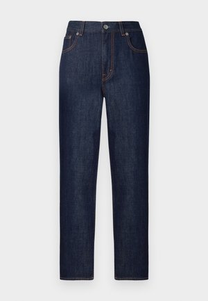 Jeans din denim albastru închis cu o croială dreaptă, având cinci buzunare, cusături portocalii în contrast și un sistem de închidere cu nasture metalic în talie.