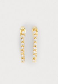 Guldfarvede øreringe med et str�ømlinet design, der har en række klare, rundskårne rhinsten langs en buet linje. Skinnende finish.