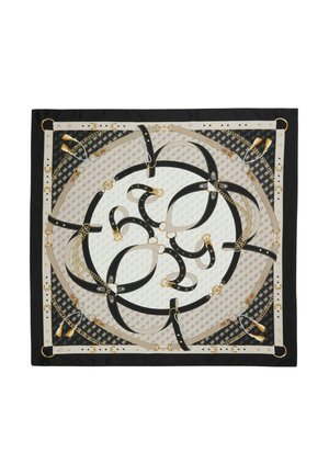 Carré en soie avec un motif noir, beige et blanc comportant des ceintures entrelacées, des boucles dorées, des chaînes et des pompons sur fond blanc.