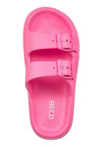 Sandale en caoutchouc rose avec deux boucles réglables, surface supérieure texturée et semelle intérieure rembourrée. Logo "BECO" en blanc sur la semelle.