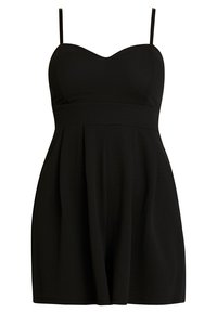 Robe noire avec un décolleté en cœur, fines bretelles, corsage ajusté et jupe évasée. Fabriquée en tissu lisse et texturé.