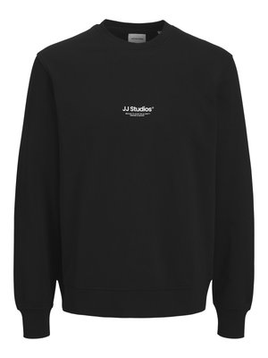 Black sweatshirt made of soft fabric, featuring a round neckline, long sleeves, and a small white "JJ Studios" logo on the chest.