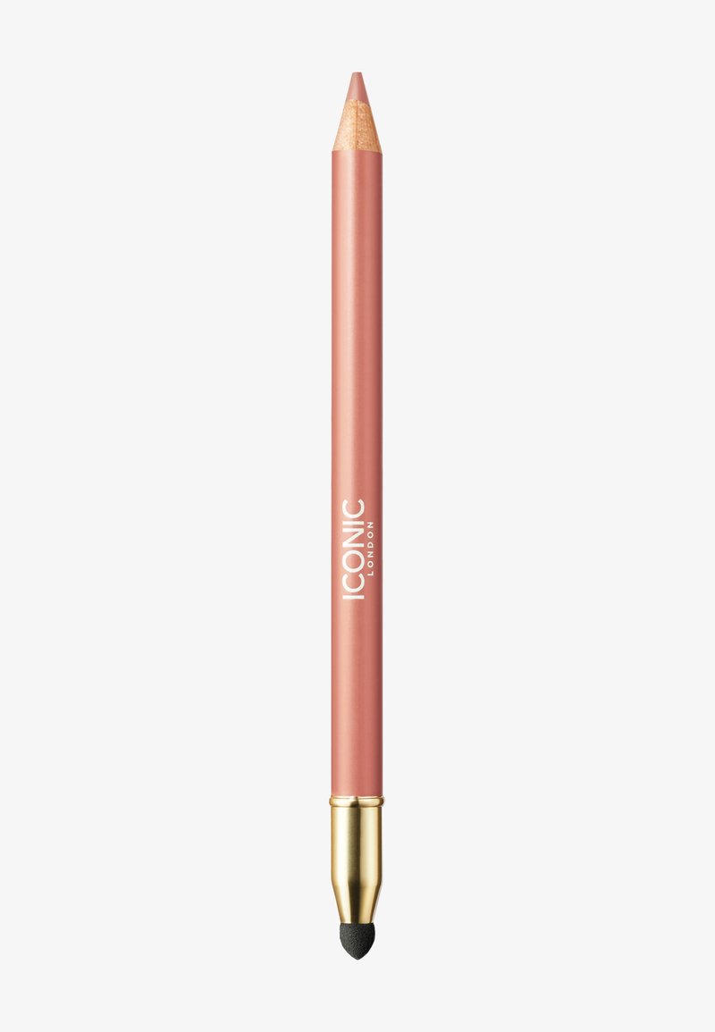 Crayon contour des lèvres en rose doux, avec une mine taillée, un accent doré à la base et une pointe noire de mélange à une extrémité.
