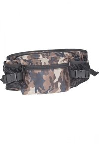 Marsupio mimetico in tonalità terrose di marrone, beige e grigio; include una tasca frontale con zip e dettagli in rete; cinghie regolabili.