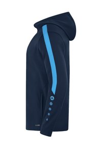 Marineblauer Kapuzenpullover mit blauen Akzentstreifen, strukturiertem Ärmel und Knopfdetail an der Manschette. Hergestellt aus einem glatten, flexiblen Material.