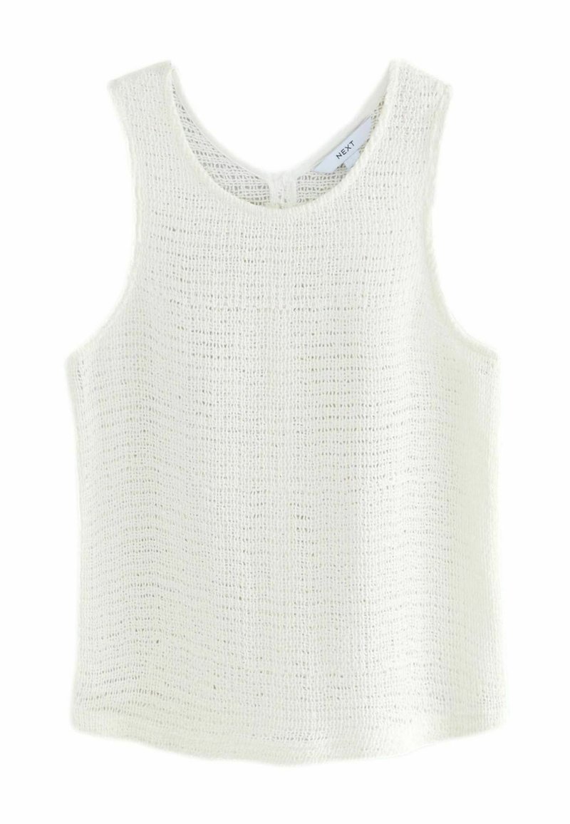 Hvid strikket tanktop med løs vævning, rund halsudskæring og uden ærmer. Har en let struktureret overflade for åndbarhed.