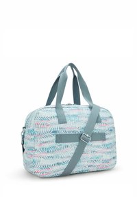 Blauwe tas met bloemenpatroon, gemaakt van zachte materialen en met lichtblauwe accenten, dubbele handgrepen aan de bovenkant en een afneembare schouderriem. Ritsluiting.