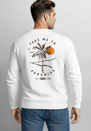 White sweatshirt with a round neckline featuring a back print of a palm tree, sunset, and text "Take Me to Paradise" in brown.