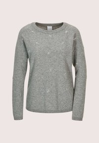 Helles graues Langarmpullover mit Rundhalsausschnitt, der mit kleinen silbernen Perlen in Blumenform verziert ist, die auf der Vorderseite und den Ärmeln verteilt sind.