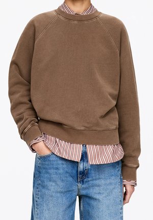 Person wearing a brown crewneck sweatshirt over a brown and white striped shirt with blue jeans, one hand in pocket, standing against white background.