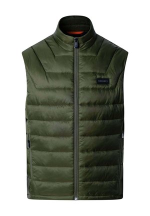 Olivgrüner Reißverschlusswesten mit hohem Kragen, versehen mit einem gesteppten Design und Seitentaschen. Das Etikett auf der linken Brust trägt die Aufschrift "HACKETT." Matte Oberfläche.