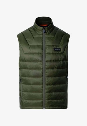 Gilet verde oliva con zip e colletto alto, caratterizzato da un design trapuntato e tasche laterali. Etichetta sul petto sinistro con la scritta "HACKETT." Finitura opaca.
