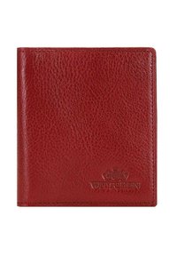 Portafoglio rosso in pelle con superficie testurizzata, design a pieghe e logo del marchio impresso nell'angolo inferiore.
