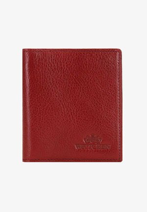 Portafoglio rosso in pelle con superficie testurizzata, design a pieghe e logo del marchio impresso nell'angolo inferiore.