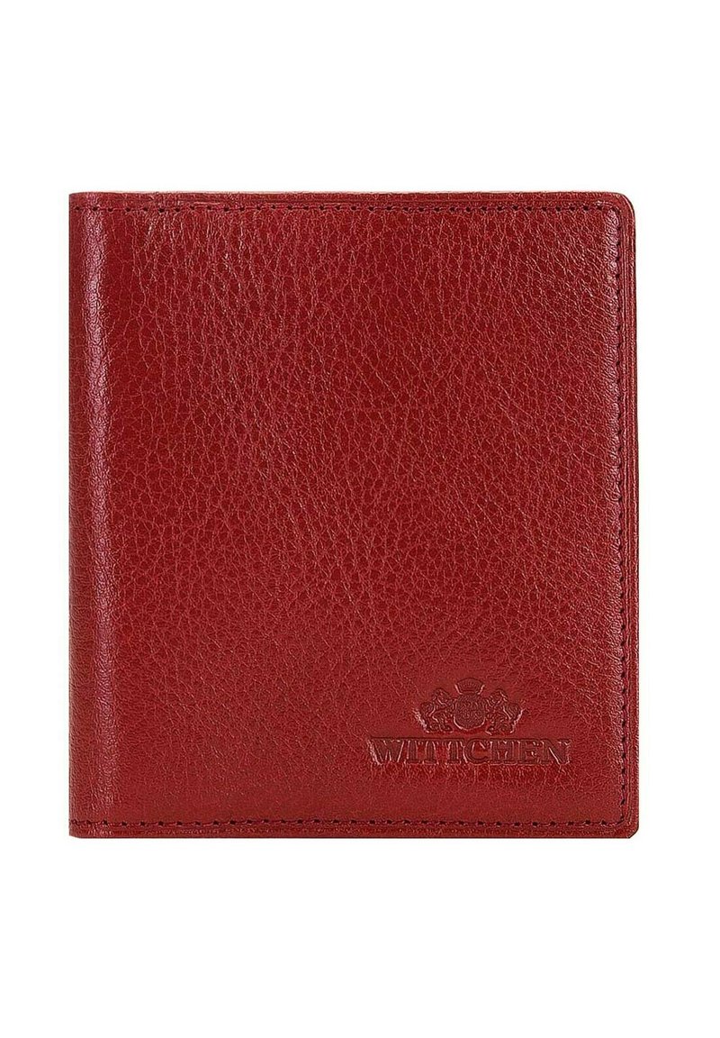 Red leather wallet with a textured surface, bi-fold design, and embossed brand logo on the lower corner.