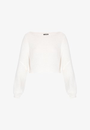 Hvid strikket cropped sweater med lange ballonærmer og bredt rund halsudskæring på en ensfarvet baggrund.