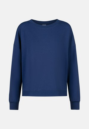 Marineblauer Pullover mit rundem Ausschnitt, lockerem Schnitt und langen Ärmeln. Hergestellt aus glattem Stoff mit gerippten Bündchen und Saum.