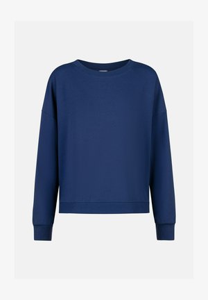 Marineblauer Pullover mit rundem Ausschnitt, lockerem Schnitt und langen Ärmeln. Hergestellt aus glattem Stoff mit gerippten Bündchen und Saum.