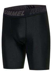 Zwarte sportshorts met een stretchy, gladde textuur. Voorzien van een brede zwarte tailleband met de merknaam "HUMMEL" in grijze letters gedrukt.