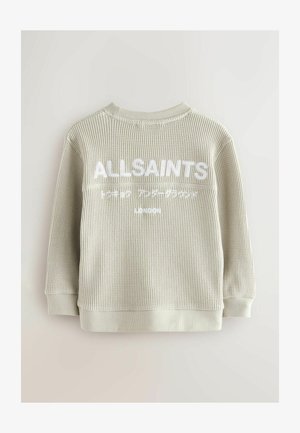 Felpa grigia chiara con texture effetto, dotata di tessuto a costine, con testo ricamato bianco: "ALLSAINTS" e "LONDON." Include un collo rotondo e maniche lunghe.