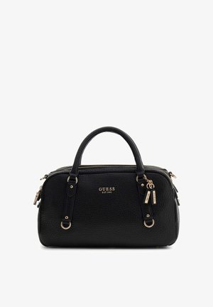Black textured leather Guess handbag with dual handles, gold-tone logo and zipper charms, and a top zip closure.