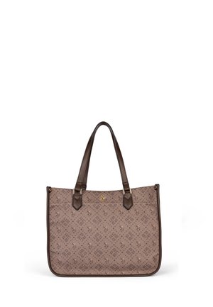 Brun tote taske med dobbelte håndtag, mønstret med små logoer og fremhævet med mørkebrun kant og guldhardware.