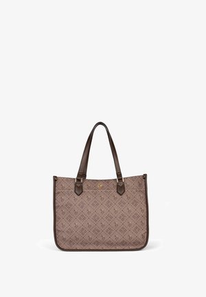 Braune Tote-Tasche mit doppelten Griffen, gemustert mit kleinen Logos und akzentuiert durch dunkelbraune Umrandung und goldene Beschläge.