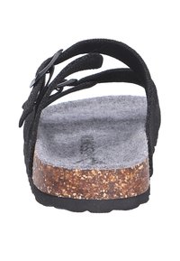 Infradito neri con larghe cinghie in tessuto, soletta in suede grigia e suola simile al sughero. Presenta hardware regolabile per un adattamento personalizzabile.