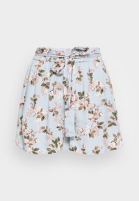 Ljust blå shorts i blommönster med rosa rosor och gröna blad. Har resårmidja med en frontknutdetalj. Lättviktsmaterial.