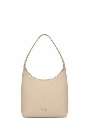 Beige Leder-Umhängetasche mit einem einzelnen Riemen und dezenten Nähten, versehen mit einem kleinen metallischen Logo nahe der unteren Mitte.