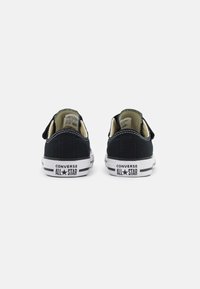 Fekete vászon sportcipők fehér gumitalppal, alacsony fazonnal, jellegzetes varrással és a sarokon található "Converse All Star" márkázással.