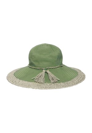 Wide-brimmed green sun hat with a braided beige edge and decorative braided band with two tassels at the front.