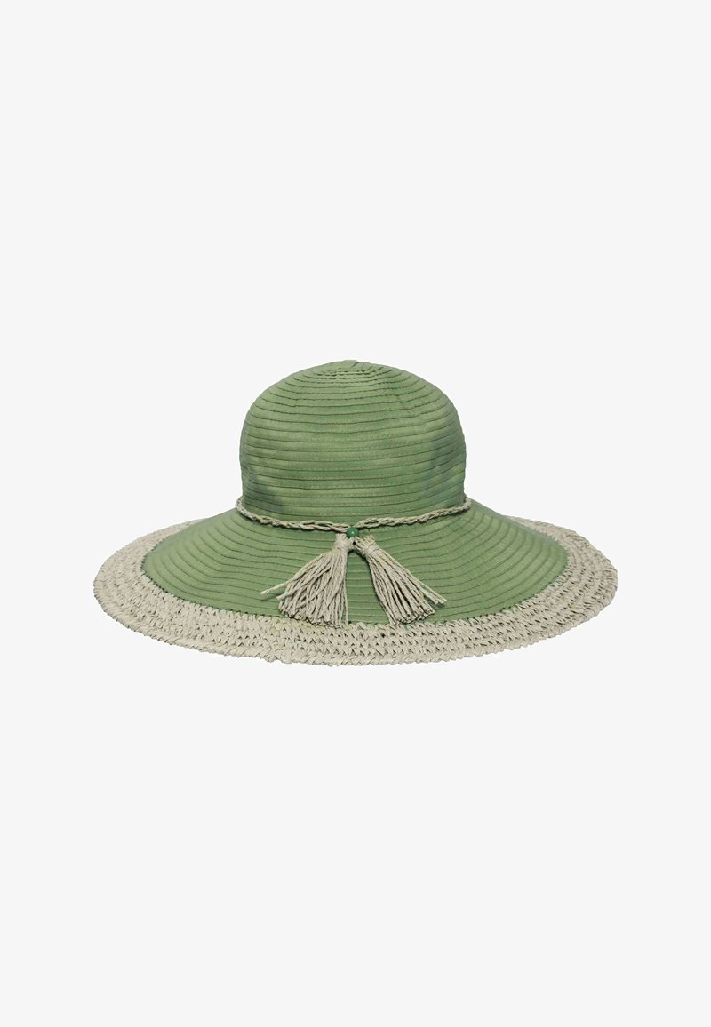Chapeau de soleil vert à large bord avec un bord tressé beige et une bande tressée décorative ornée de deux pompons à l'avant.
