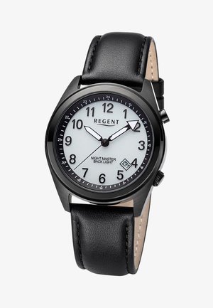 Montre-bracelet ronde noire avec cadran blanc, chiffres arabes noirs, fenêtre de date à 4 heures, bracelet en cuir noir et aiguilles des heures et des minutes épaisses.