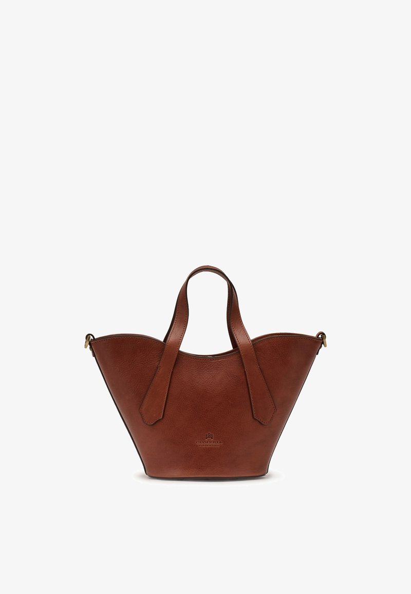 Sac à main en cuir marron avec deux poignées et une forme trapézoïdale large, avec un petit logo embossé centré sur le devant.
