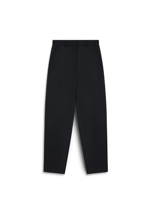 Czarne spodnie o prostym kroju, z dwoma bocznymi kieszeniami i pętelkami na pasek. Gładki materiał i minimalistyczny design.