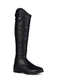 Botas de equitación de cuero negro con diseño hasta la rodilla, cordones en la parte delantera y suela plana. Textura suave con un sutil detalle de costura.