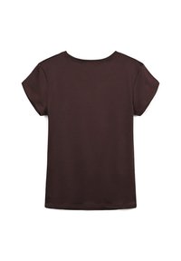 T-shirt marrone a maniche corte realizzato in tessuto morbido. Presenta un colletto rotondo e un design semplice senza decorazioni o motivi.