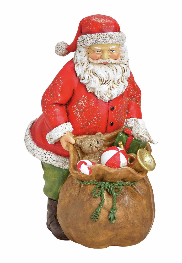 Santa-figuur in een rode jas en hoed, met een bruine zak vol speelgoed, waaronder een teddybeer, snoepjes en versieringen.