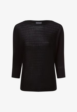 Schwarzer Strickpullover mit weitem Ausschnitt, Dreiviertelärmeln, offenem Strickmuster und gerippten Bündchen. Weiche Textur und lockere Passform.