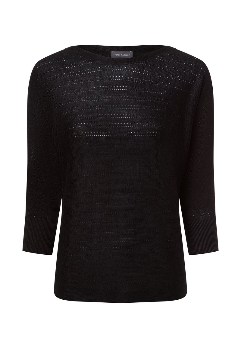 Schwarzer Strickpullover mit weitem Ausschnitt, Dreiviertelärmeln, offenem Strickmuster und gerippten Bündchen. Weiche Textur und lockere Passform.