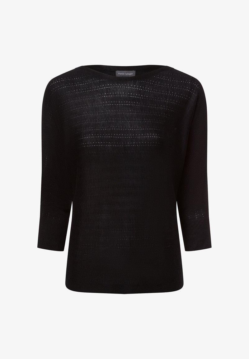 Schwarzer Strickpullover mit weitem Ausschnitt, Dreiviertelärmeln, offenem Strickmuster und gerippten Bündchen. Weiche Textur und lockere Passform.